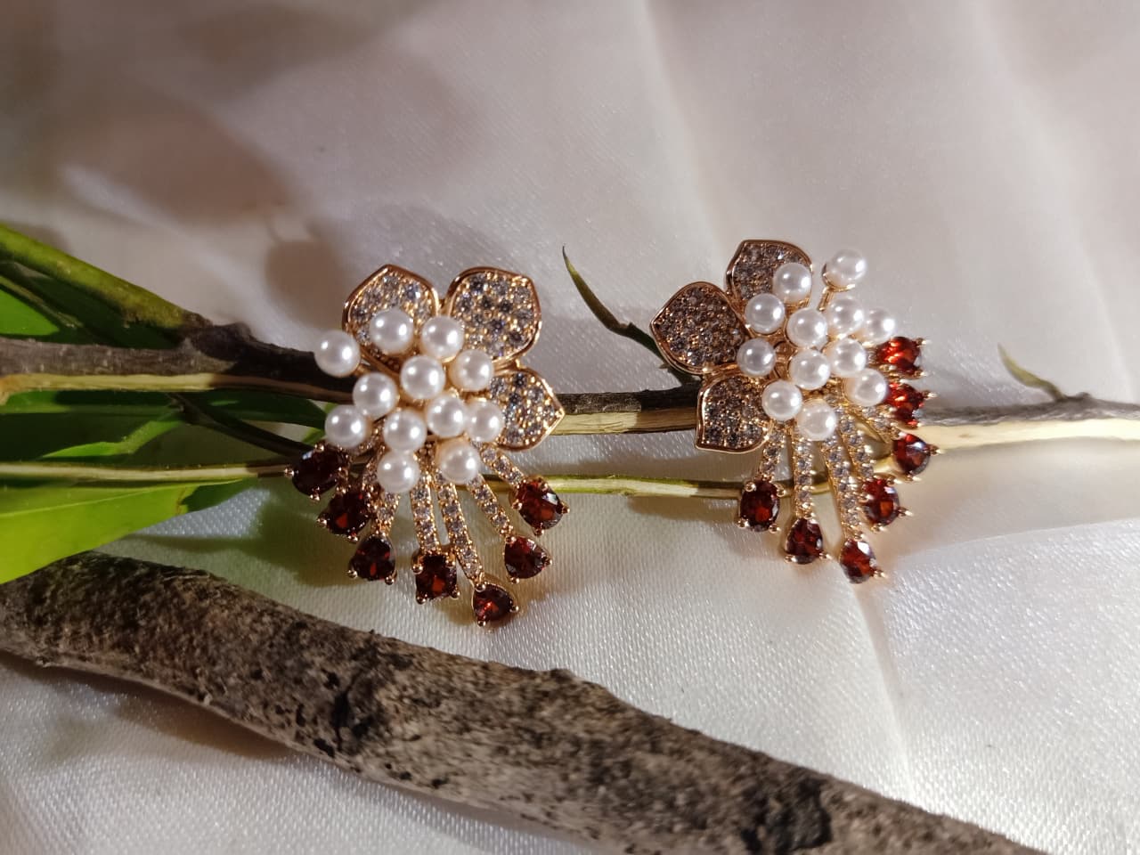 crystal and pearl blooming flower earring