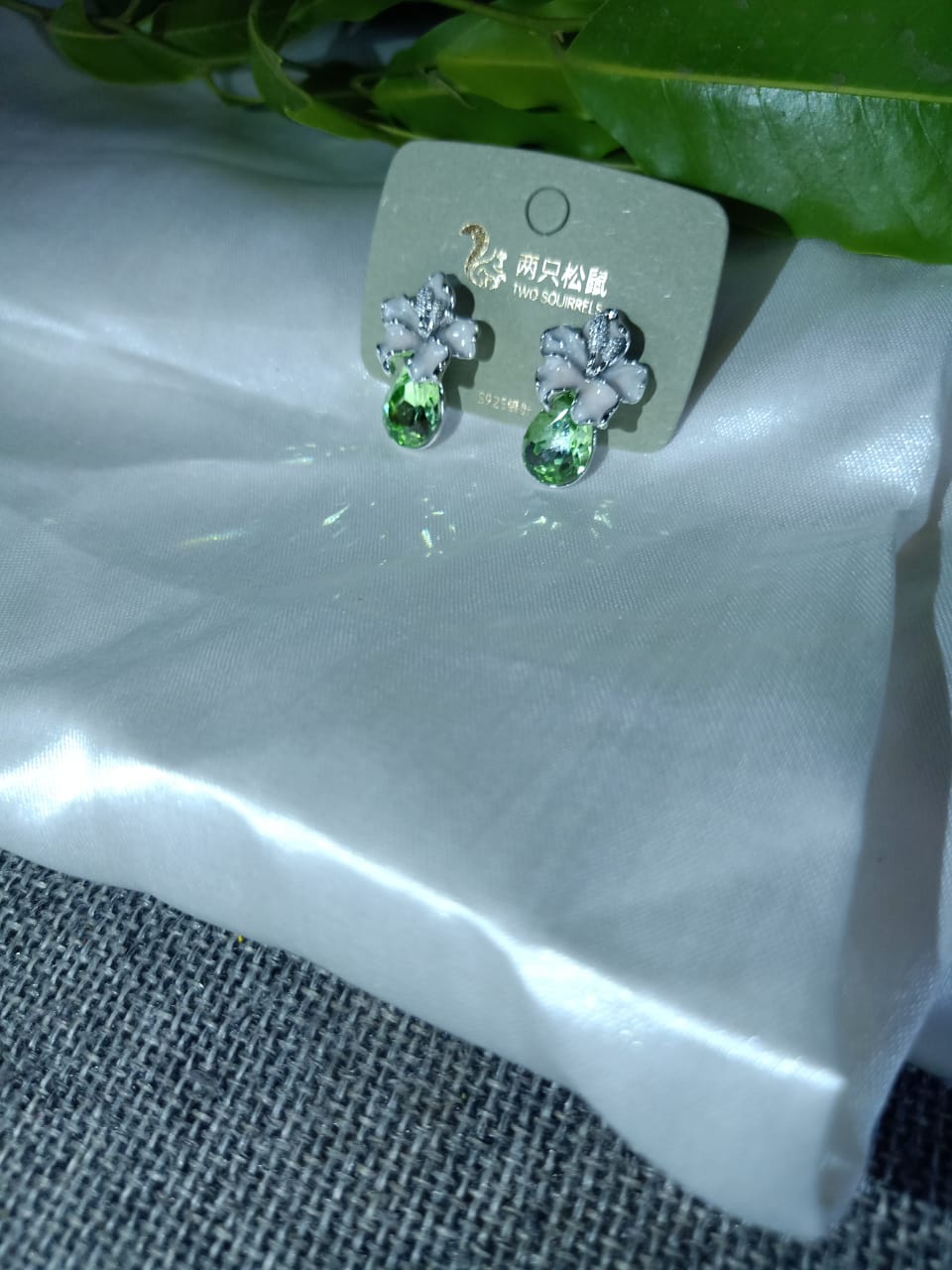 Silver-Tone Floral Green Drop Stud Earrings