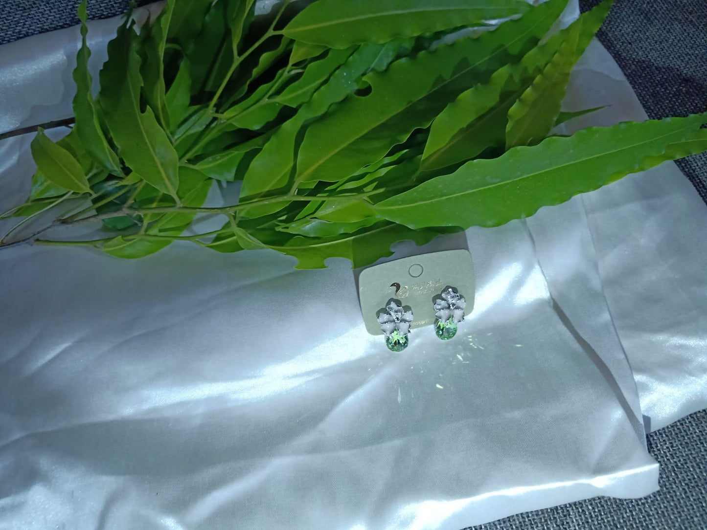 Silver-Tone Floral Green Drop Stud Earrings