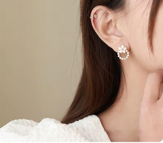 Pink flower ring earring