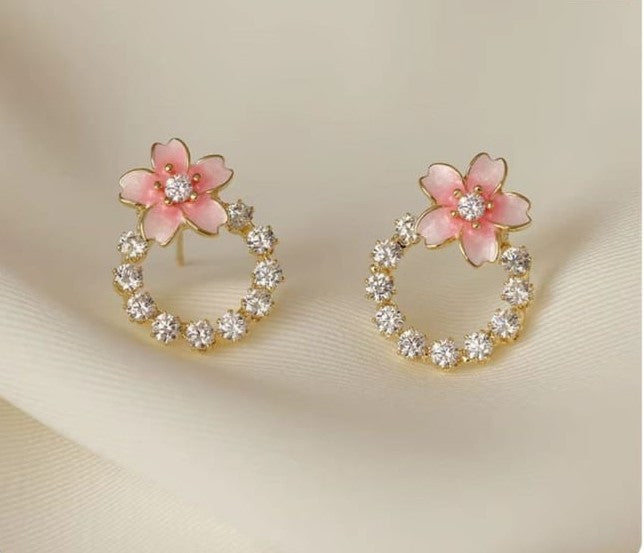 Pink flower ring earring