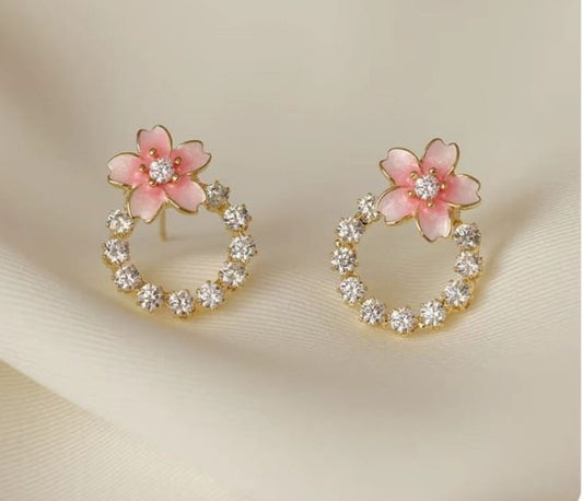 Pink flower ring earring