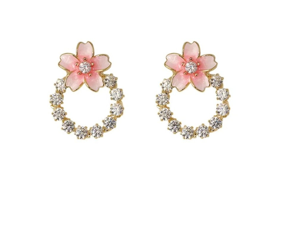 Pink flower ring earring