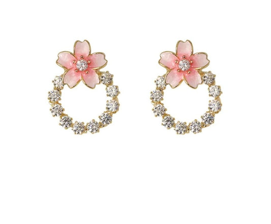 Pink flower ring earring